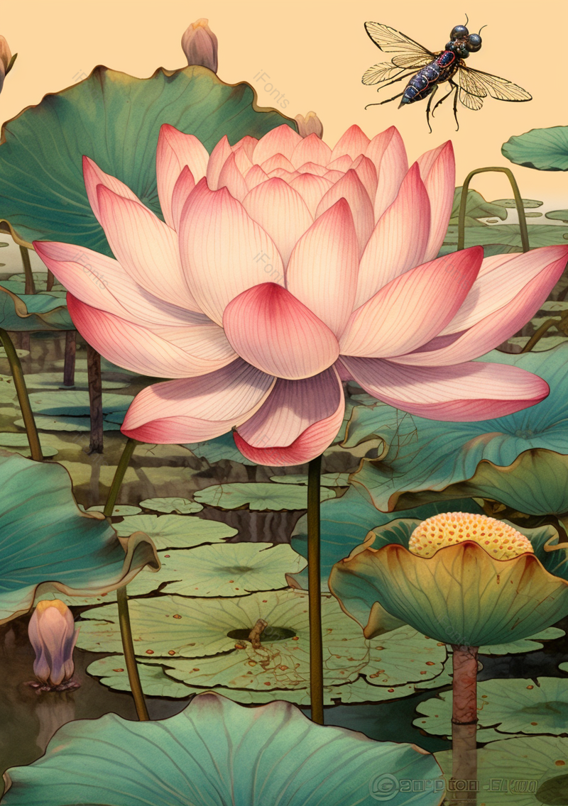 池塘里蜜蜂飞过盛开的荷花里美好舒适植物风景插画壁纸背景,插画/手绘图,插画/手绘图库,插画/手绘图下载,插画/手绘